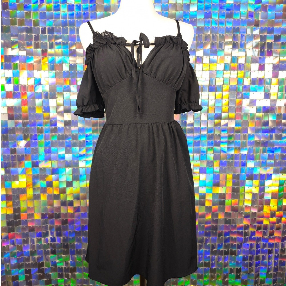 Milkmaid Mini Dress Womens XS Black Excellent Ruffle Lace Off Shoulder